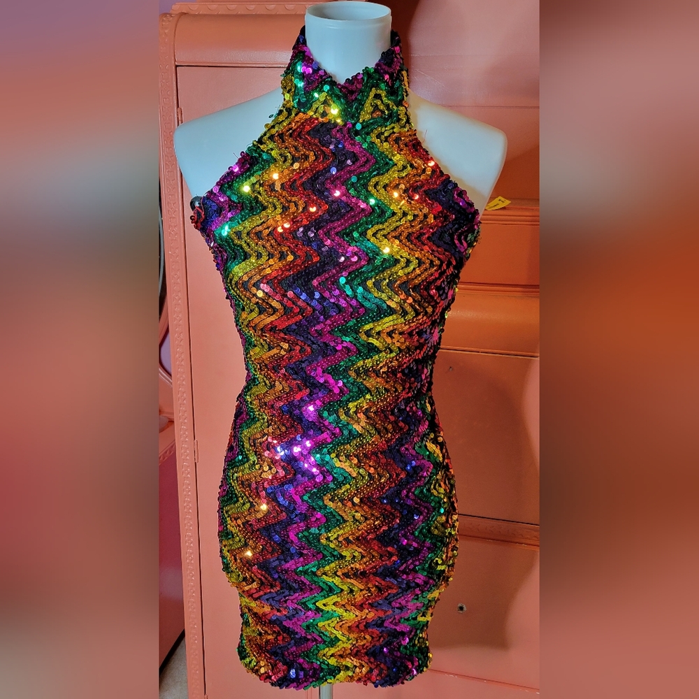 Multicolor Sequin Halter Dress thick stretch festival dress 🏳️‍🌈 🌈